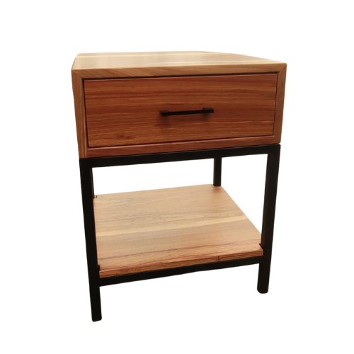 Soloblock Kiaat bedside pedestal with 1 draw and shelf metal frame