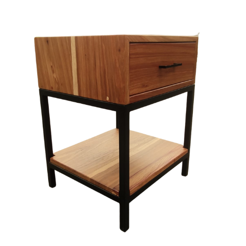 Soloblock Kiaat bedside pedestal with 1 draw and shelf metal frame