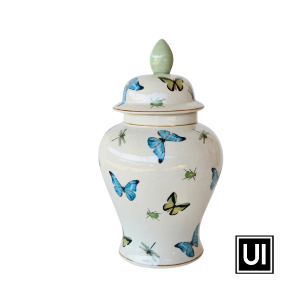 Large blue butterfly design ginger jar  41X22cm