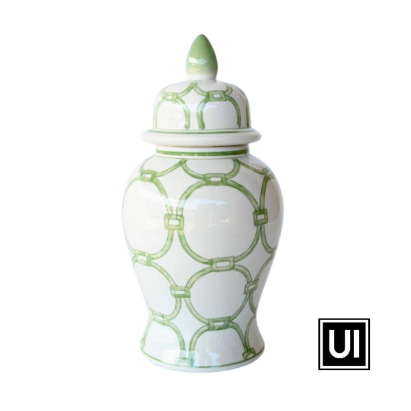 Unique Interiors Medium green and white circles ginger jar