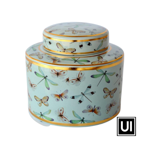 DUCK EGG BLUE & GOLD DRAGONFLY JAR WITH LID 16.5X19CM