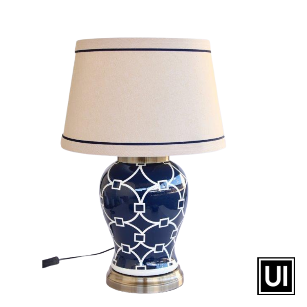 Navy & white geometric lamp linen shade - www.uniqueinteriors.co.za - Unique Interiors