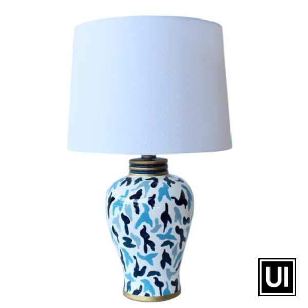 Navy & blue design lamp base off white shade 65x41cm Unique Interiors