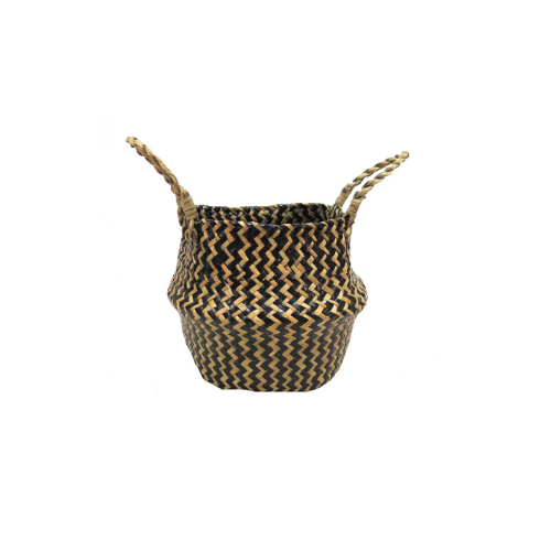 Chevron woven in black and natural colours.  This is a fantastic quality “belly basket” planter with its natural, exquisitely finished twisted handles makes the most perfect container.  With an aloe in it or any plant it just looks so good.Unique Interiors.